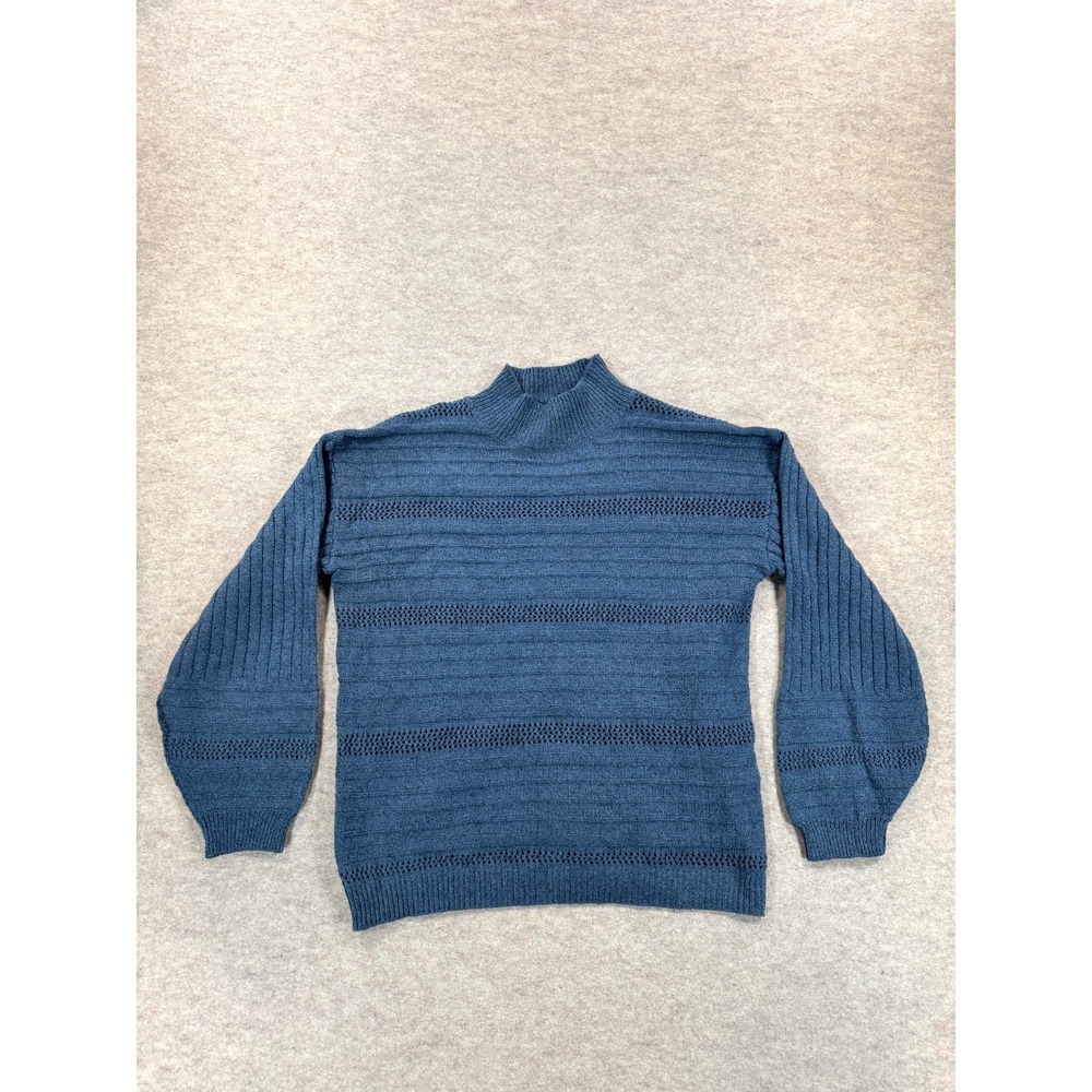 Womens Sweater Large Blue Knitted Horizontal Textured Stripes Mock Neck Pullover